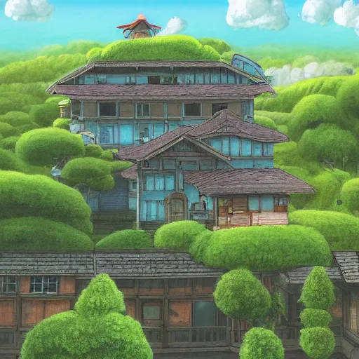 Prompt: ghibli style solarpunk scenery and house on a hill _ h 7 6 8