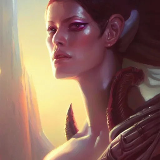 Prompt: an acrylic on canvas portrait painting of a beautiful alien priestess by Greg Rutkowski and Artgerm. Epic fantasy background.