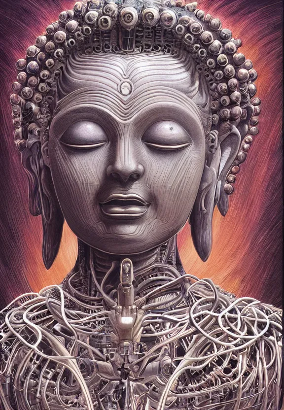 Prompt: perfectly centered portrait, front view of a beautiful biomechanical alien android robot buddha, female, flowing hair, intense stare, sarcastic smile, symmetrical, concept art, intricate detail, volumetric shadows and lighting, realistic oil painting by alex grey and gustave dore,