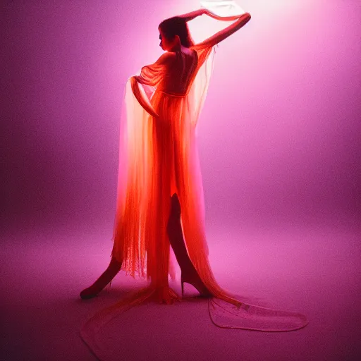 Image similar to fashion photography of a woman wearing an outfit inspired by a jellyfish, artistic photography, cinematic lighting, insanely detailed, chiaroscuro, cinestill 8 0 0 t, vogue magazine