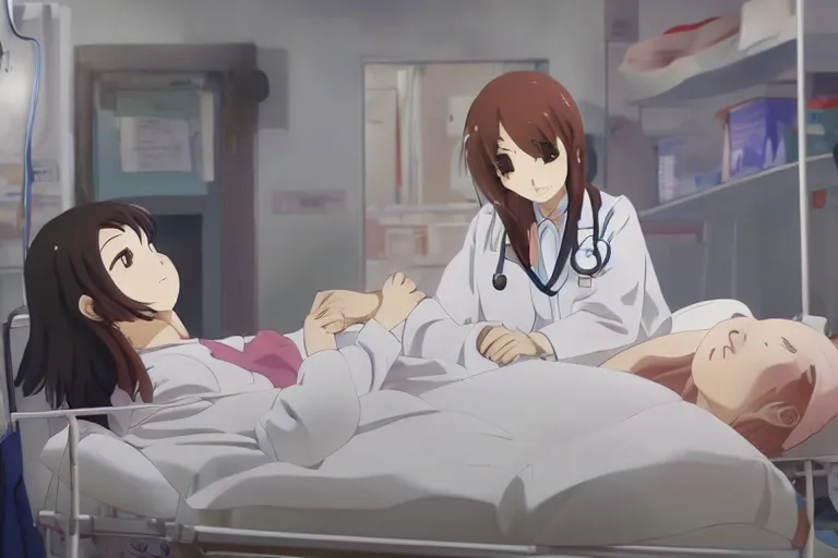 Image similar to a cute and beautiful young female doctor wearing white coat are taking care of a patient on a bed in a hospital ward, slice of life anime, anime scenery by Makoto shinkai