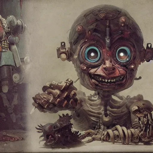 Prompt: horrible ragged little cyborg dwarf goblin with maniacal expression and bulging eyes : : mechanical implants attached to head, byzantine hong kong hoarder labaratory, anatomical study by rembrandt and bruegel and stalenhag and greg rutkowski and carvaggio, studio ghibli composition