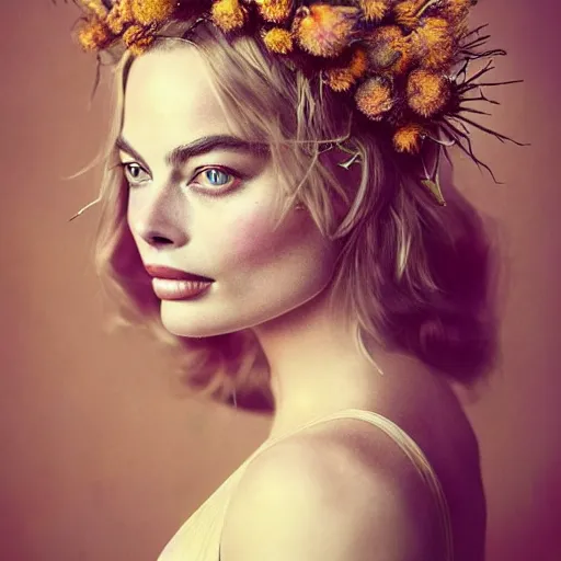 Image similar to fine art photo of the beauty goddess margot robbie, she has a crown of dried flowers, by oleg oprisco