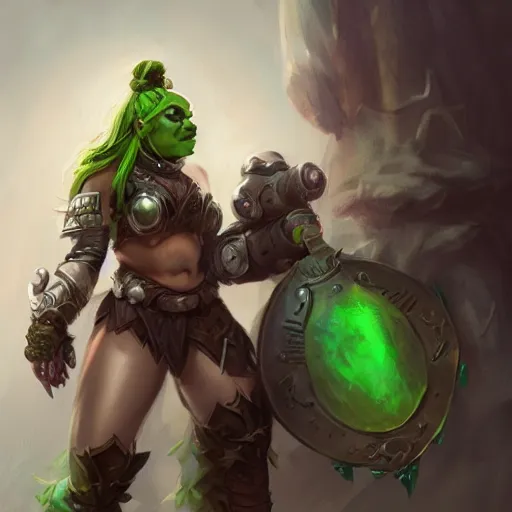 Image similar to a full bodied character portrait of a buff green orc warrior woman in full plate armor bald with a ponytail, by astri lohne, trending on artstation