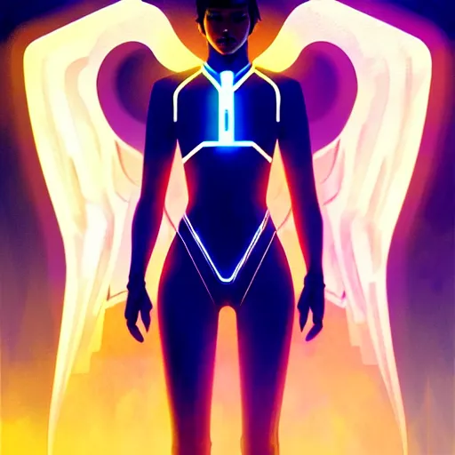 Image similar to tron legacy angel, diffuse lighting, hyper realistic, elegant, concept art, intricate, hyper detailed, smooth, sharp focus, illustration, trending on artstation, art by greg rutkowski and james gurney and alphonse mucha