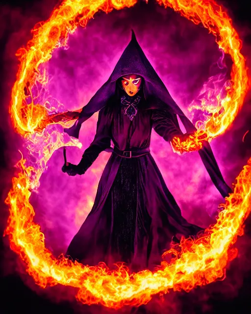 Image similar to pyromancer witch cover in purple flames, deep pyro colors, purple laser lighting, award winning photograph, radiant flares, realism, lens flare, intricate, various refining methods, micro macro autofocus, evil realm magic arts, polaroid picture taken by michael komarck - daniel dos santos