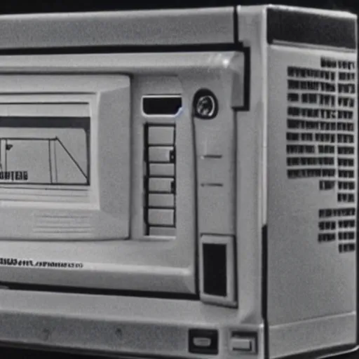 Image similar to A still from 1978 commercial aired late at night of gun that could kill the past, taped to VHS, video artefacts, displayed on a CRT TV