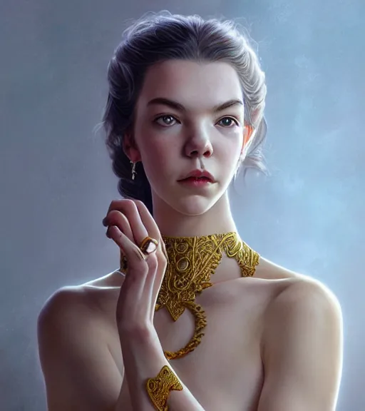 Image similar to Anya Taylor-Joy wearing gold, highly detailed, centered, digital painting, artstation, concept art, smooth, sharp focus, illustration, art by artgerm and donato giancola and Joseph Christian Leyendecker, Ross Tran, WLOP