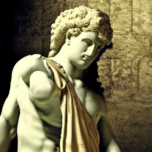 Prompt: photography of the god zeus in the olympe temple, realistic, dark