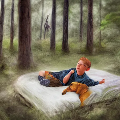 Image similar to a boy dreaming in bed, surrounded by a forest, with his trusty hunting dog and rifle, digital painting, photo - realism, sharp focus