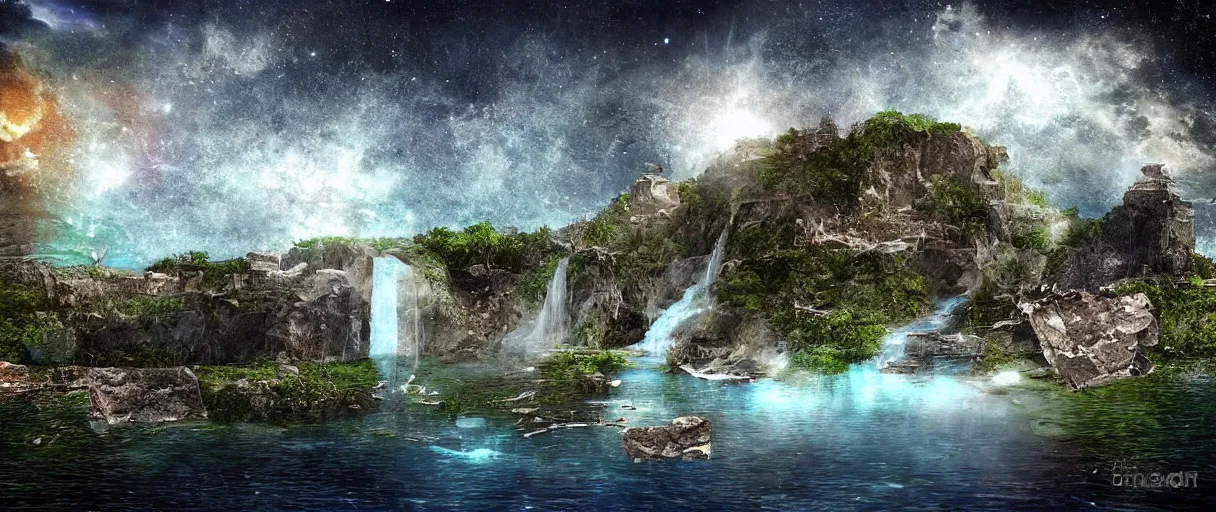 Prompt: a crumbling island in space, waterfalls, in style bruce ricker, digital art, detailed, depth of field