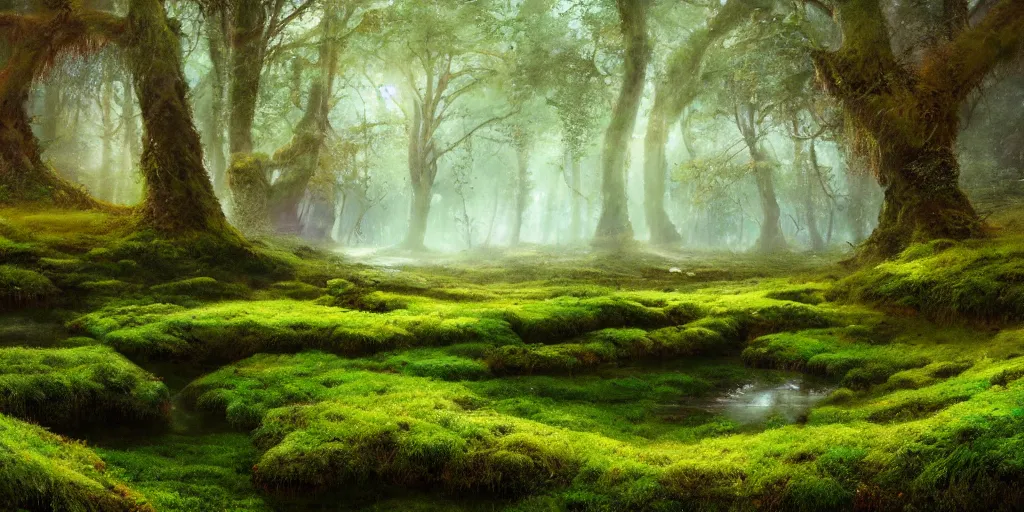 Image similar to gorgeous fields of moss landscape with glistening water, magical forest, brightly colored, magical, fantasy, landscape, beautiful, intricate details, highly detailed, sharp focus, concept art, digital painting, trending on artstation, still, screenshot, photo, photograph, in the style of Manuel Vormwald