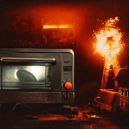 Image similar to cyborg with toaster oven chest, dark messy smoke - filled cluttered workshop, dark, dramatic lighting, orange tint, sparks, cinematic, highly detailed, sci - fi, futuristic, movie still