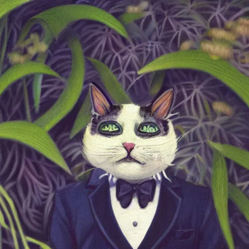 Image similar to a cat with a monocle and a suit in the style of wlop, portrait, overgrown by plants. this oil painting by the award - winning mangaka has interesting color contrasts, plenty of details and impeccable lighting