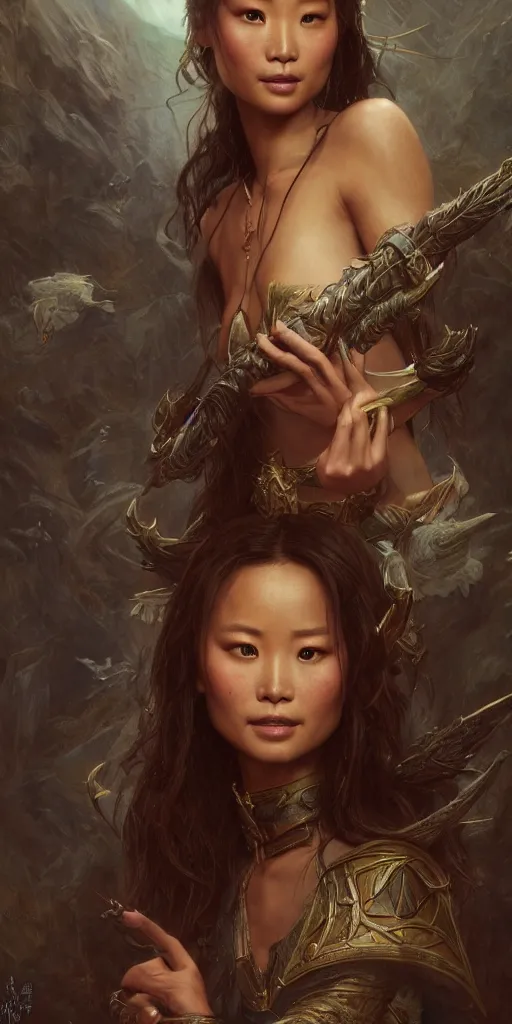 Image similar to jamie chung, beautiful fantasy maiden, dungeons and dragons, masterpiece by edgar maxence and ross tran and michael whelan, frank frazetta, gustav dore, 8 k, octane render