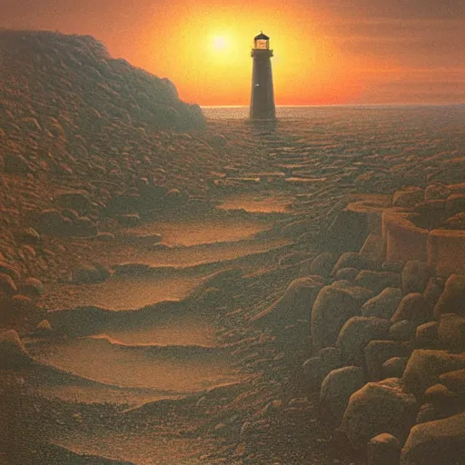 Prompt: A road leading to the lighthouse,dusk, by Wayne Barlowe