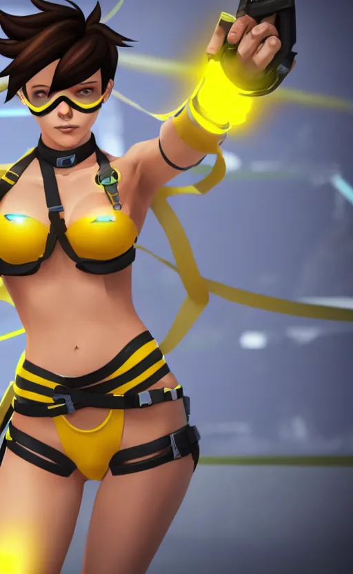 Image similar to tracer game character, in yellow bikini, blonde hair, black eyes, full height