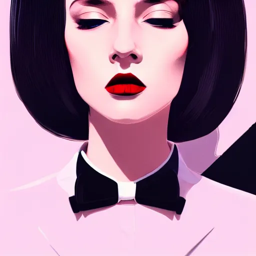 Image similar to young female in black tuxedo, corporate boss, luxury, muted colors, matte print, pastel colors, 2d, ultra highly detailed, smooth, sharp focus, digital art, digital painting, fan art, elegant, artstation, by Ilya Kuvshinov