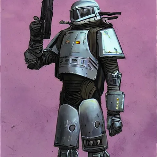 Prompt: a space fantasy soldier in powered armor holding a weapon in the style of Ralph McQuarrie/Syd Mead/John Berkey detailed realistic