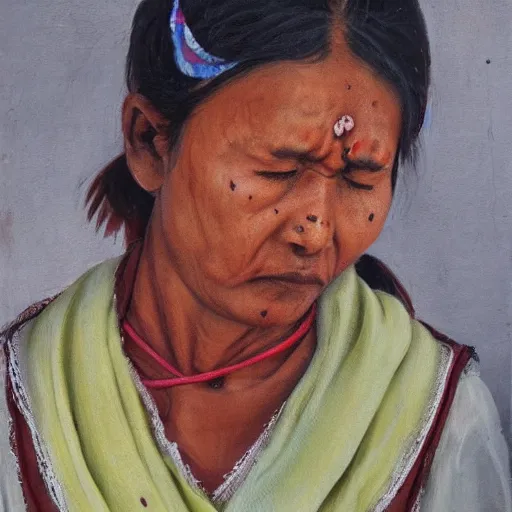 Image similar to a nepali woman wearing a white shawl, sad, bloody, oil painting