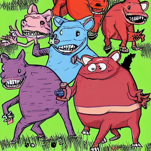 Image similar to digital cartoon illustration of a group of feral hogs by alex pardee, cartoon art, creative design