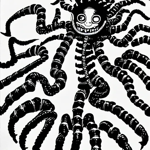 Prompt: the centipede man in the style of junji ito,