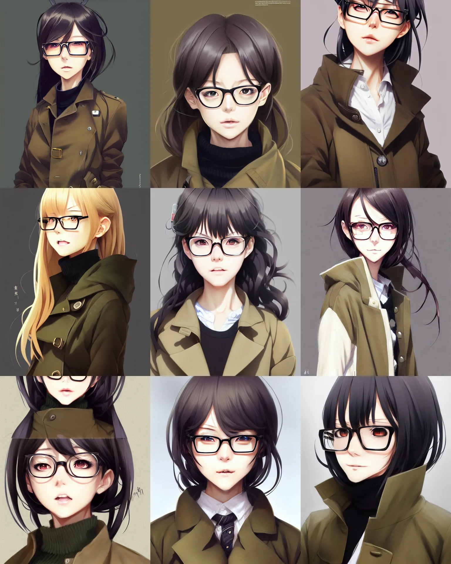 Prompt: character concept art of an anime girl, wearing black sweater and khaki trenchcoat, glasses, detailed portrait, cute - fine - face, pretty face, realistic shaded perfect face, fine details by stanley artgerm lau, wlop, rossdraws, james jean, marc simonetti, and sakimichan, trending on artstation