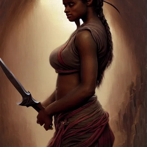 Image similar to artstation concept of a beautiful girl holding a sword in both hands, brown skin, sweaty skin, symmetrical face, casual white garment, brown canyon background, shiny colorful, hyperdetailed, artstation trending, world renowned artists, worth1000.com, historic artworks society, antique renewel, cgsociety, by greg rutkowski, by Gustave Dore, Deviantart