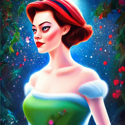 Image similar to digital painting of Emma Stone as a Disney princess wearing snow white's dress, Pixar style, professional studio lightening, volumetric lightening, photorealism by Tristan Eaton Stanley Artgerm and Tom Bagshaw