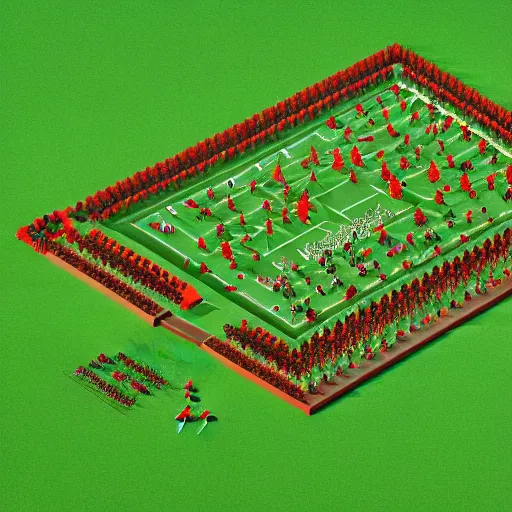 Image similar to Large field with an army of red and green lawn gnomes wielding midieval weaponry, axonometric exploded view, high detail, 8k, photorealistic