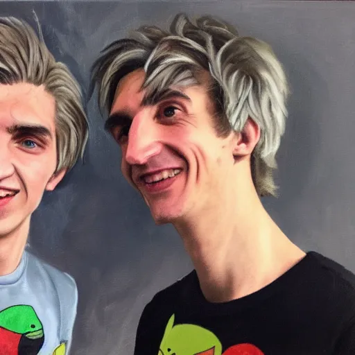 Prompt: Portrait of xQc with Pepega , oil painting