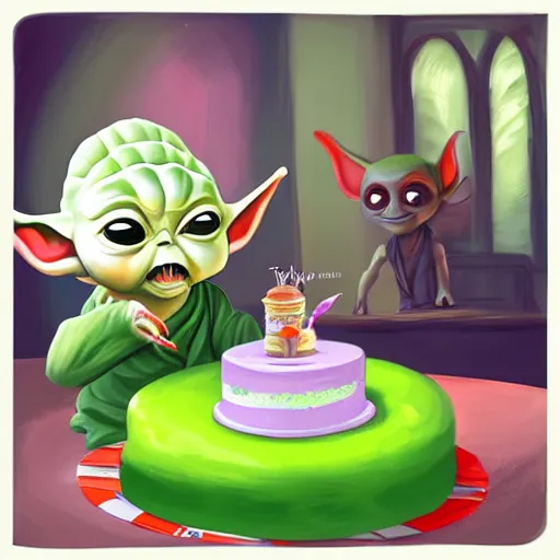 Image similar to (baby yoda) smashing birthday cake into his face, happy birthday, happy birthday candles, mischievous, inquisitive, devious, hilarious, funny, birthday wrapped PRESENTS, by Tyler Edlin