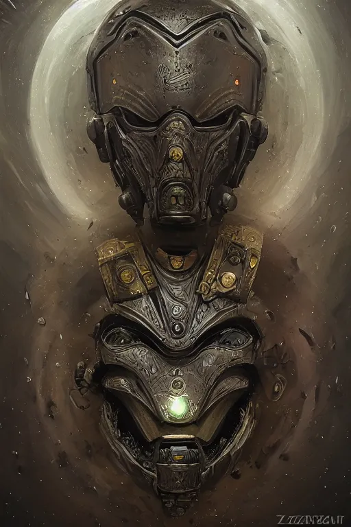 Prompt: portrait of interstellar biomechanoid trooper ceremonial rite mask, in style of dark fantasy art, in style of Midjourney, stylized, detailed and intricate, mandelbulber fractal, elegant, ornate, horror, elite, ominous, haunting, beautiful digital painting, cinematic, cgsociety, Zdizslaw Beksinski, James jean, Noah Bradley, Darius Zawadzki, vivid deep green colors and vibrant outlines