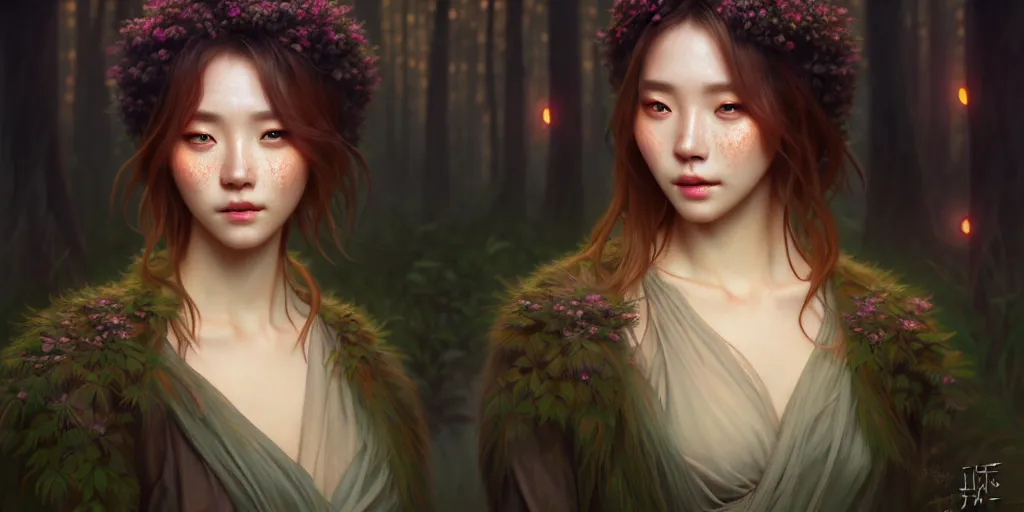 Image similar to beautiful digital painting of a hoyeon jung stylish female forest at night with high detail, real life skin, freckles, 8 k, stunning detail, works by artgerm, greg rutkowski and alphonse mucha, unreal engine 5, 4 k uhd