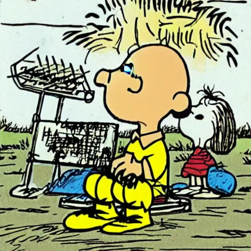 Image similar to charlie brown at a music festival. By charles Schulz