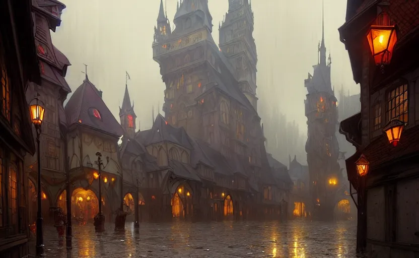 Image similar to an old medieval city with rainy atmosphere and moody and cinematic lighting by alphonse mucha, simon stalenhag and darek zabrocki, cinematic and atmospheric, concept art, artstation, trending on artstation