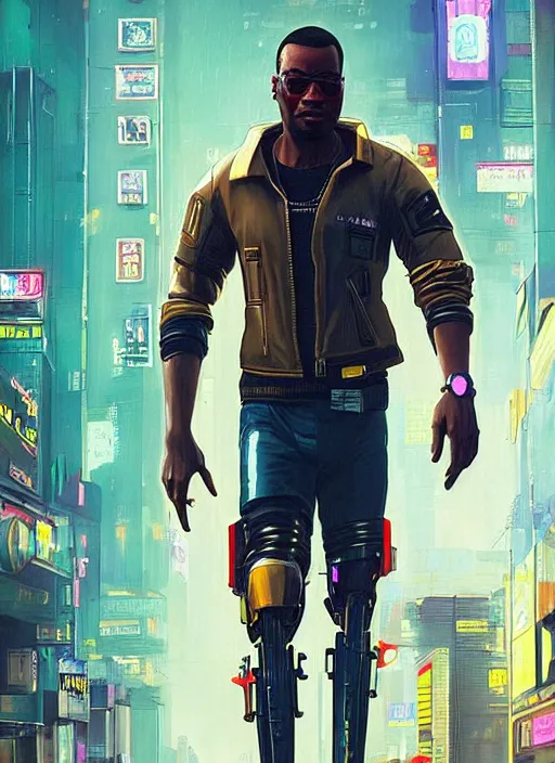 Prompt: Chidi Igwe. Buff Cyberpunk policeman with robotic legs and plastic raincoat. Patrolling rainy city streets. (Cyberpunk 2077, bladerunner 2049). handsome face. Iranian orientalist portrait by john william waterhouse and Edwin Longsden Long and Theodore Ralli and Nasreddine Dinet, oil on canvas. Cinematic, vivid colors, hyper realism, realistic proportions, dramatic lighting, high detail 4k