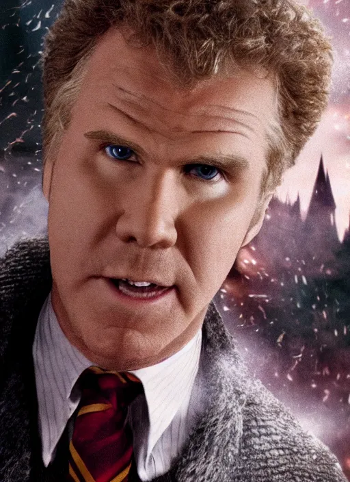 Image similar to will ferrell in harry potter, movie still frame, cinematic, 4 k