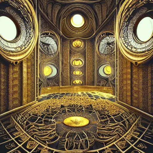 Image similar to an incredibly beautiful world of multifaceted mirrored optical illusions twisted around organic other worldy lifeforms in the style of erik johansson by dr. seuss covered in intricate gold leaf detail in a gothic hotel room with soft indirect lighting, final fantasy, cinematic colors, behance contest winner, unreal engine 5 highly rendered, global illumination, radiant light, detailed and intricate environment