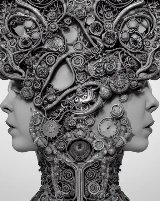 Image similar to mythical dreamy black and white organic bio-mechanical spinal ribbed profile face portrait detail of translucent steampunk beautiful siamese sisters females angelic-human-queen-vegetal-cyborg, highly detailed, intricate trnaslucent ivy jelly ornate, poetic, translucent roses ornate, 3D render, digital art, octane render, 8K artistic photography, photo-realistic, by Dora Maar