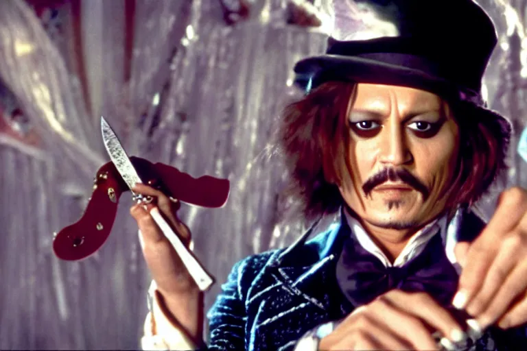 Image similar to cinematic still of deranged johnny depp showing off his knife collection in willy wonka & the chocolate factory film directed by tim burton, movie still, long lens, shallow depth of field, bokeh, anamorphic lens flare