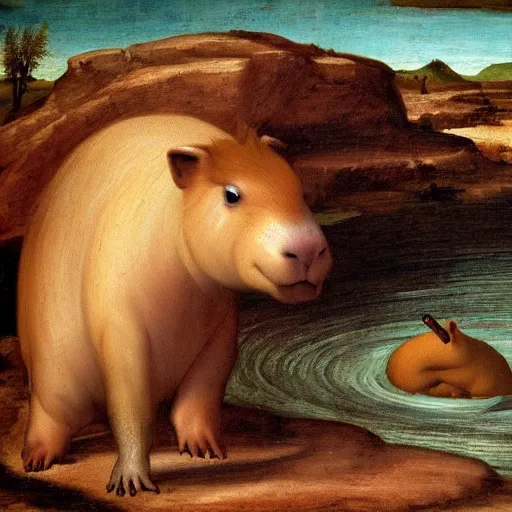 Image similar to a renaissance painting of a capybara at the hot springs