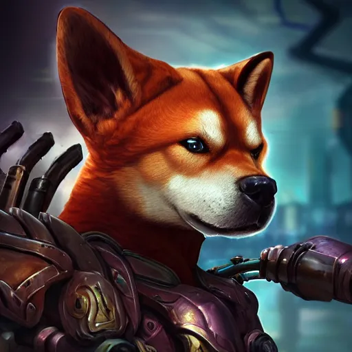 Prompt: stunning cybernetic shiba inu warrior as a league of legends character, michael maurino, alex flores, paul kwon, cinematic, highly detailed, concept art, 3 d cgi, dramatic lighting, focus, smooth, heroic, hyper realistic background, in the style of league of legends, lol