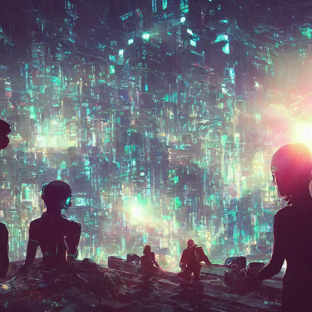 Image similar to a cinematic composition depicting : we're overlooking translucid crystal android being, whos is behind their heads up display viewing out of their window how a high tech lush solarpunk tribe collaborating with their technologic android helpers encroaching a cyberpunk town at sunrise