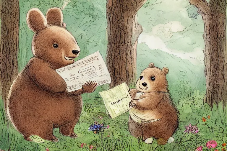 Prompt: a detailed children's book illustration by beatrix potter of a cute female bear child holding an envelope with a look of surprise surrounded by woodland animals. digital art, trending on artstation.