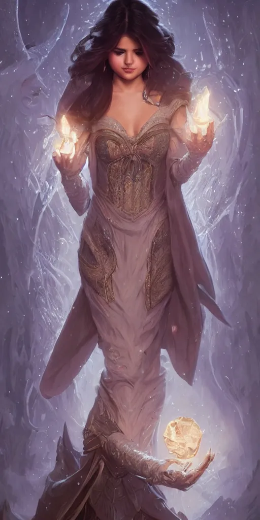 Image similar to Selena Gomez casting an frost spell, D&D, fantasy, intricate, elegant, highly detailed, digital painting, artstation, concept art, matte, sharp focus, illustration, hearthstone, art by Artgerm and Greg Rutkowski and Alphonse Mucha