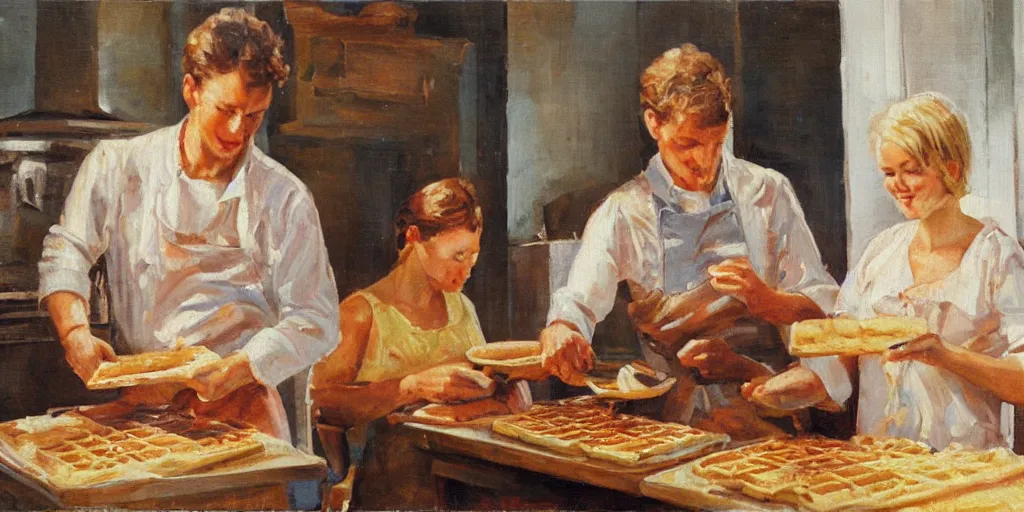 Prompt: A couple baking waffles together, oil painting, romantic