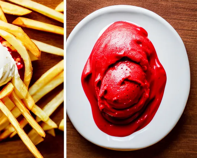 Prompt: dslr food photograph of vanilla ice cream with ketchup on, a leaf on the ice cream, french fries on the side, a bottle of ketchup, bokeh, 8 5 mm f 1. 4