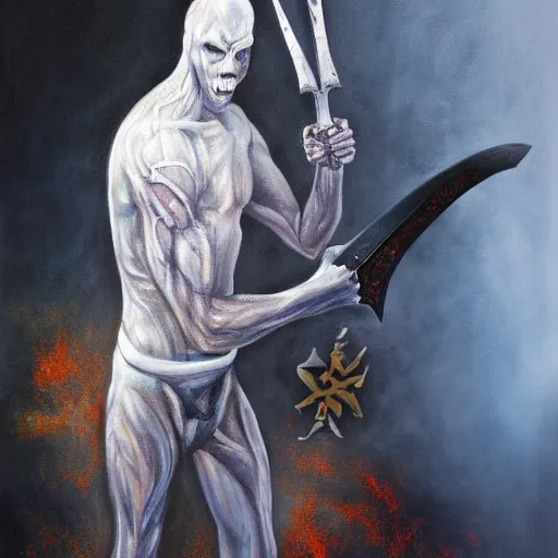 Image similar to fantasy painting of a pale man with a black blade covered in runes, painted by Michael Whalen, ultra detailed, 8k