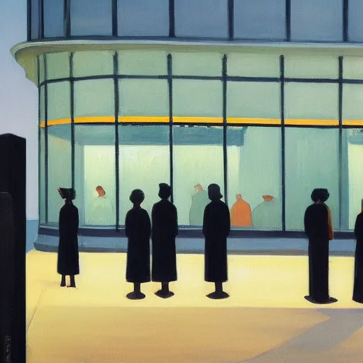 Image similar to a some people waiting in a lone bus stop in quiet dark city night painted by Alex Katz and Edward Hopper, high quality, high resolution,detailed